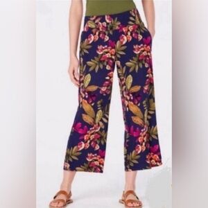 J Jill Pants Womens L Blue Tropical‎ Floral Wide Leg Crop Pull On Flowy Resort